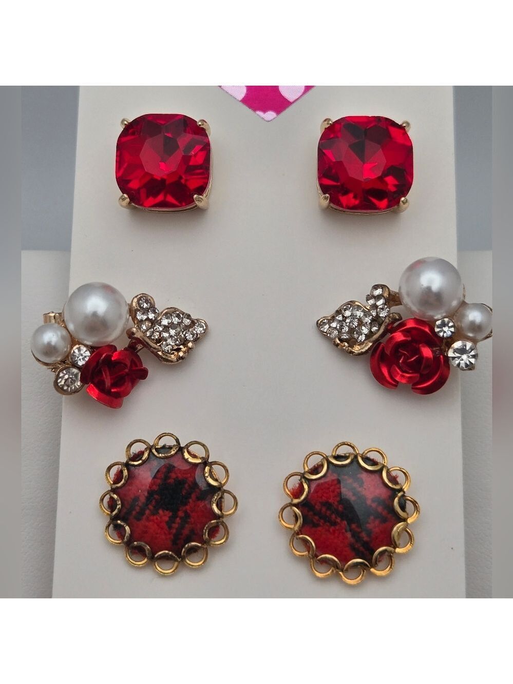 Vintage Set of 3 Red & Gold-Tone Crystal Flower Stud Earrings Roses Faux Pearl